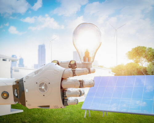 Smart energy concept 3d rendering robot hold light bulb and work with solar panel
